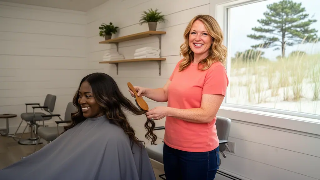 A smiling salon owner shaping a client's long beach waves with a round brush in a bright lakeside salon.